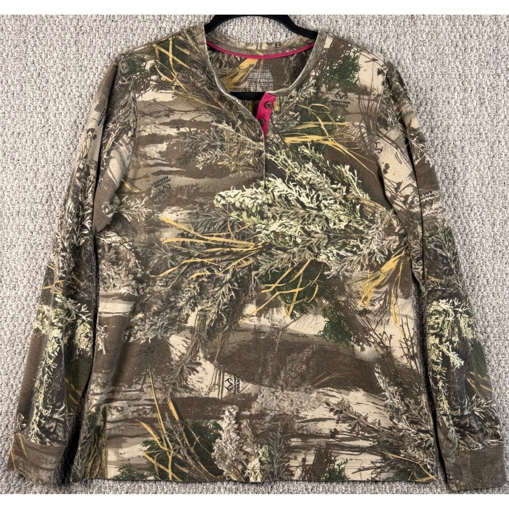Realtree Max-1 Camo Henley Top Womens XL Brown Pink Hunting Outdoor Long Sleeve